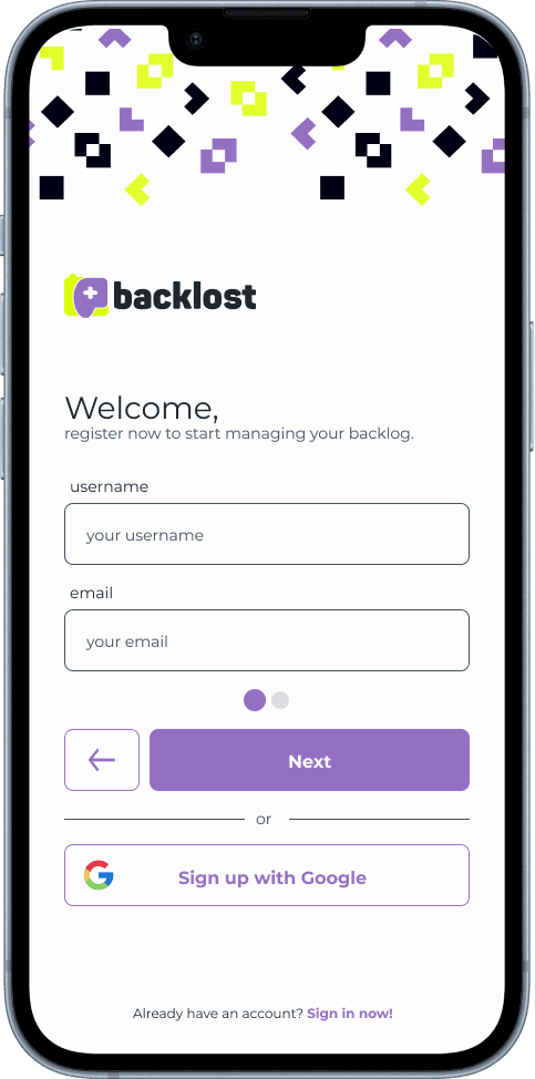 Backlost — Login · Cadastro (2/3)