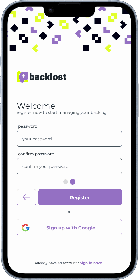 Backlost — Login · Cadastro (3/3)